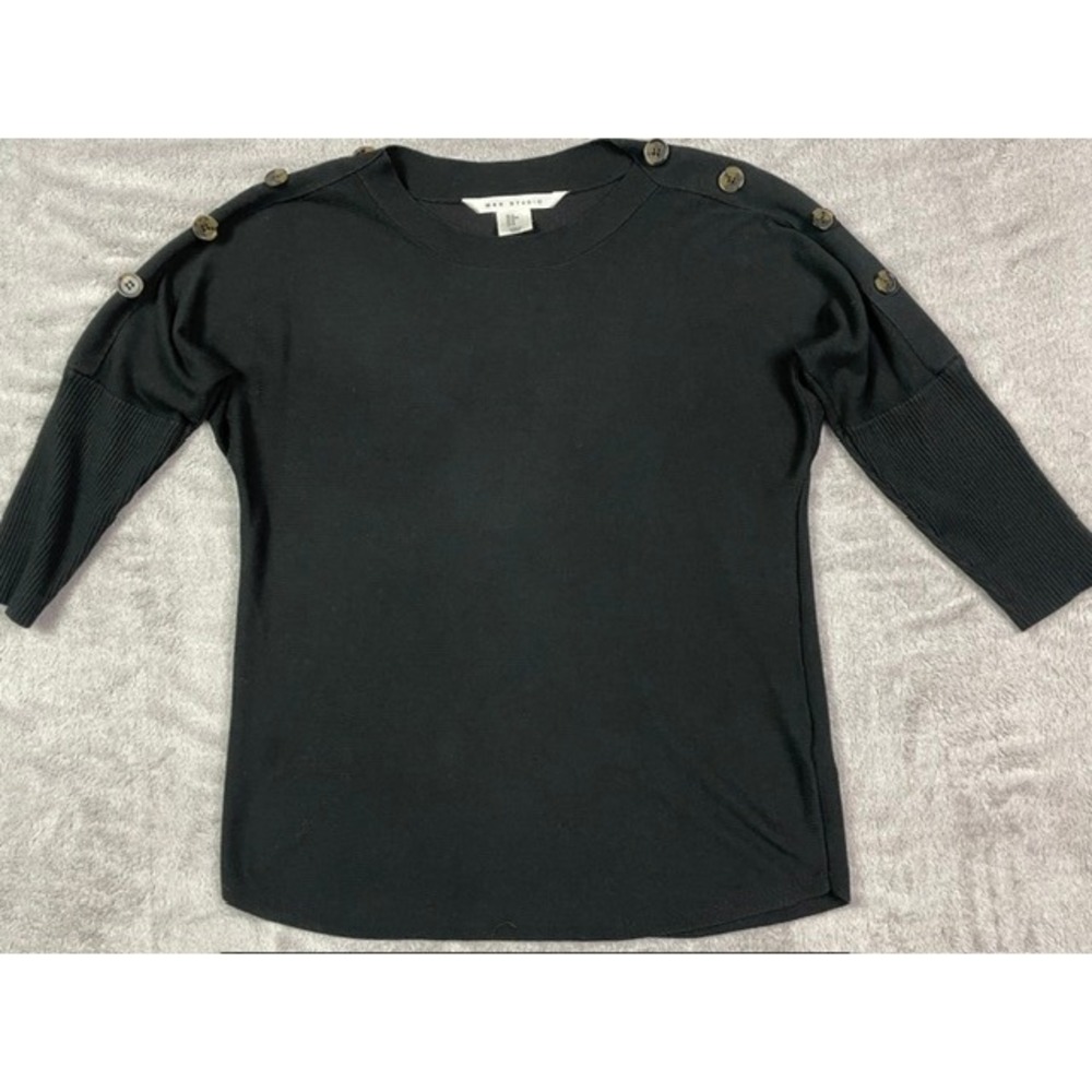 Max Studio Black Knit Top Medium M Shoulder Button Accent Rayon Blend Sweater